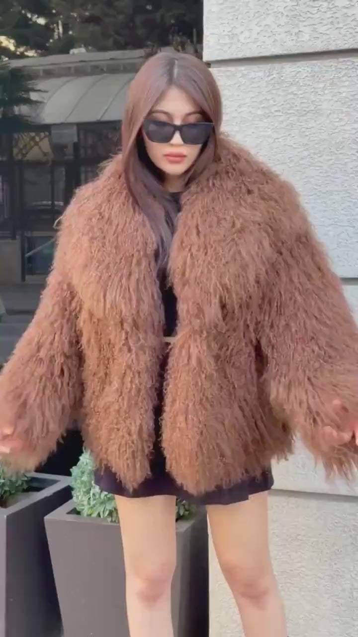 Women’s Brown Tibetan Fur Coat, Handmade Short Shaggy Mongolian Lamb Fur Jacket