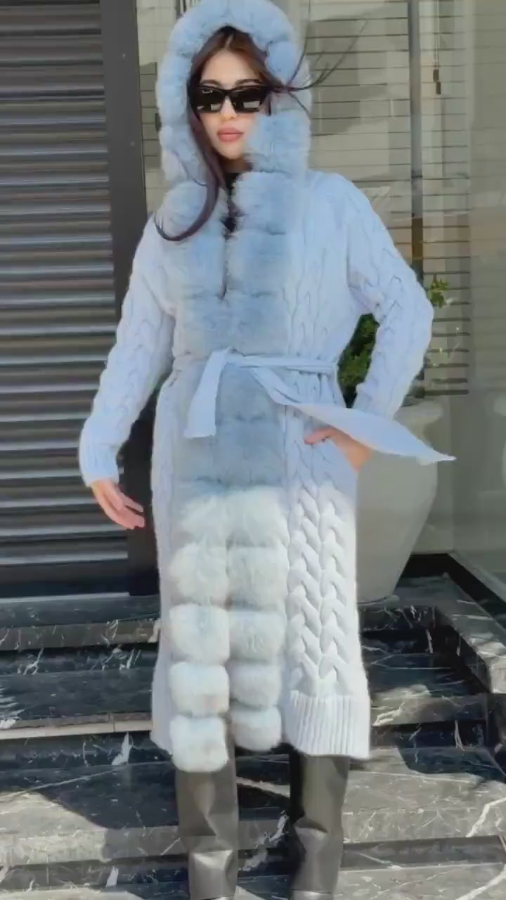Sky Blue Handmade Women Luxury Knit Cardigan with Real Fox Fur Trim Coat –Handcrafted Long Knitwear Coat – Elegant Outerwear for Women
